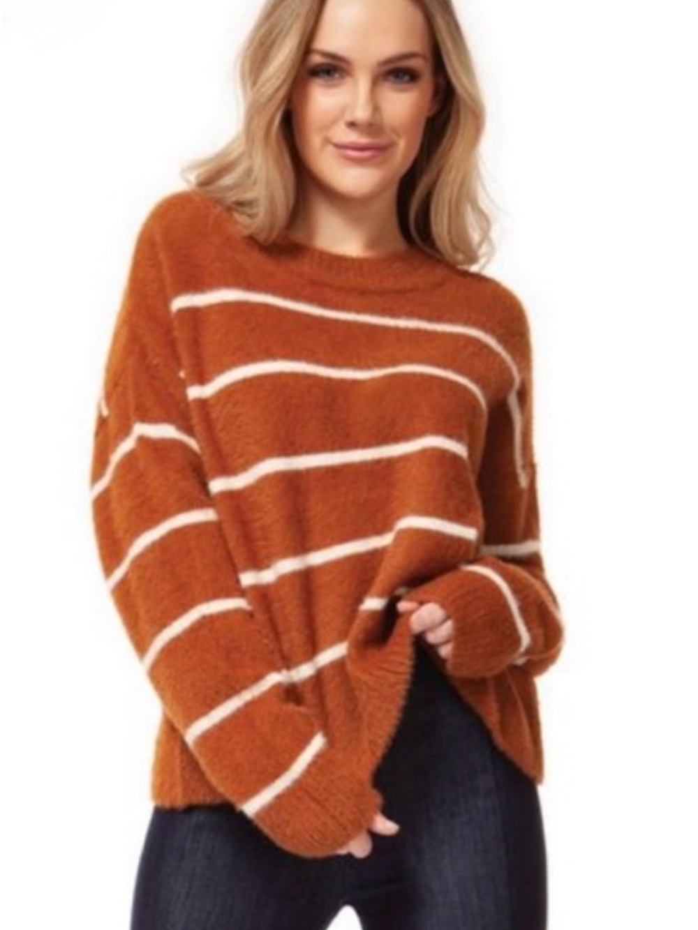 Dex Women Brown White Striped Chenille Fuzzy Crewneck Sweater Size Large